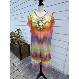 Multicolor Kaftan Knit Beach Coverup Hand Died Midi Dress Hobo Boho Artsy Large